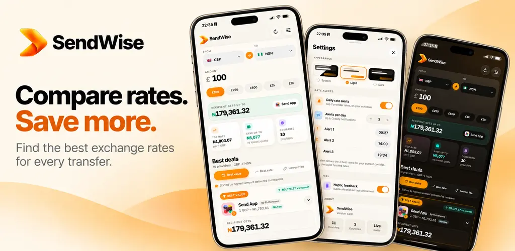 SendWise app in light and dark themes